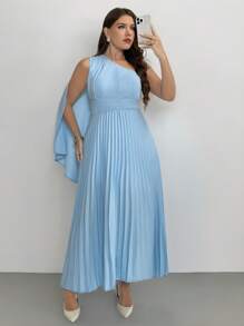 Firerie Nuevo vestido plisado sin mangas de color azul claro versátil para mujeres, atuendos de vacaciones, vestido de verano; Vestido largo plisado y ceñido a la cintura azul encantador talla grande; Vestido de ocasión de alta gama, vestido largo fluido con cuello asimétrico para boda, concierto, fiesta de cumpleaños