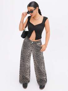 SHEIN PETITE Leopard Print Pocketed Casual & Versatile Denim Jeans - Multicolor - View 5