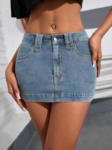 SHEIN PETITE Solid Color Form-Fitting Pocketed Sexy Bodycon Denim Mini Skirt - Light Wash - View 6