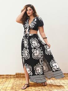 Maija Plus Size Women's Black And White Print V-Neck Tie Front Crop Top & High Slit Swing Skirt 2pcs Set,Summer Elegant Boho Vacation Holiday Beach Outfits - Black and White - View 7