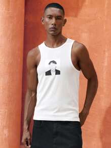 Maija Summer New Music Festival Party Graduation Beach Vacation Attire Brunch Clothing, Cruise Wear, Vintage Boho 90s Retro Street Style Portrait Black & White Print Graphic Tank Top For Men - White - View 6