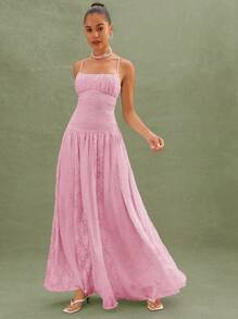L'Amorae Vestido maxi fluido y smocked con detalles elegantes de encaje