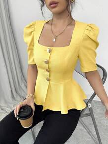 Elenzga 女式夏季衬衫，方形领口，短袖，金属纽扣装饰，破洞拼接下摆，收腰，梭织面料，日常时尚优雅 - 黃色 - 查看 6
