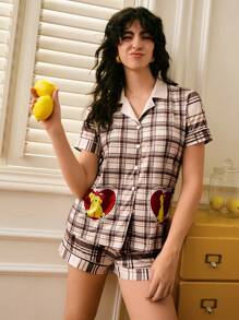 Chillnights Conjunto de pijama tipo cárdigan con colorblock y estampado de oso a cuadros para mujer