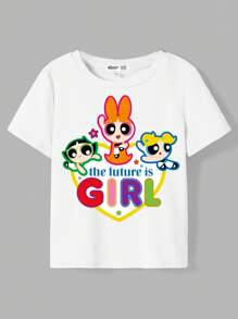 THE POWERPUFF GIRLS X SHEIN Camiseta de manga corta blanca con estampado de Flor, Burbujas y Ranúnculo para niña