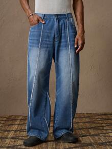 AKNOTIC Men's Casual Loose Fit Straight Leg Mid-Waist Blue Denim Jeans, Suitable For Summer, Vacation, Daily Wear, Party, Couples, Gift For Men - Blue - View 7