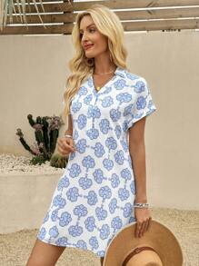 EMERY ROSE Women Allover Print Button Front Summer Casual Vacation Short Sleeve Mini Dress - Blue and White - View 9