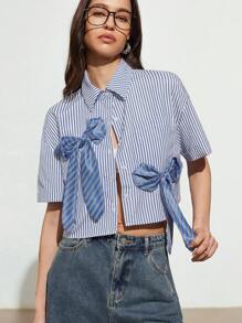 GENKIRA Blue & White Striped Loose Cropped Shirt With Blue Striped Satin Faced Oversized Bow Decoration, Versatile Casual Women Top - Blue and White - View 4