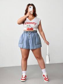 SHEIN CURVE+ 大码松紧腰牛仔短裤，蓝色