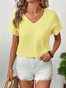 SHEIN LUNE Ladies' V-Neck Double Layer Cotton Wrinkled Fabric Short Sleeve Blouse - Yellow - View 7