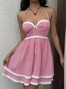 Lunelith SHEIN Lunessa Vestido de volantes con estampado a cuadros, de moda para el verano