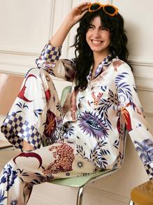 Leopard Stripe Contrast Color Satin Ladies Pajama Set Holiday Season Cozy And Elegant Details, Fall Winter Clothes