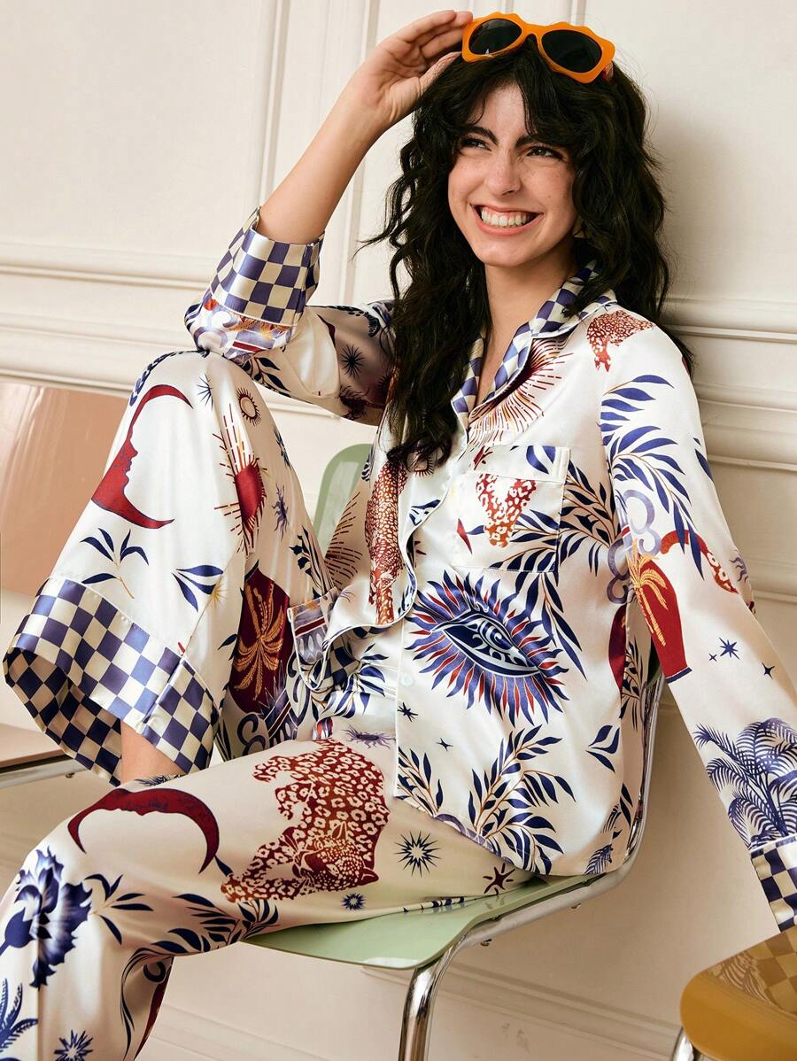 Leopard Stripe Contrast Color Satin Ladies Pajama Set Holiday Season Cozy And Elegant Details, Fall Winter Clothes