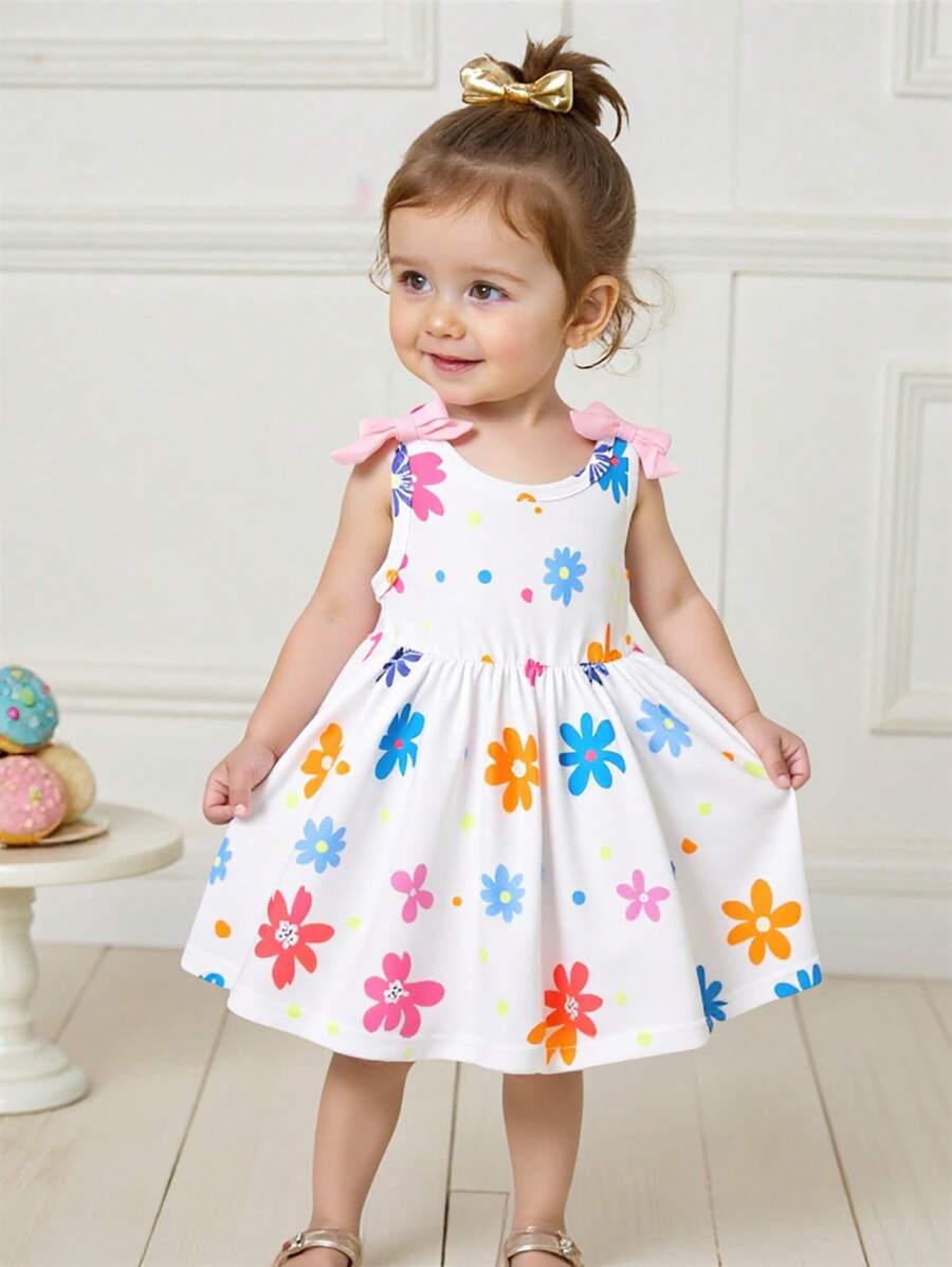 Baby Girl Cute Elephant Floral Print Simple Dress, Fashionable Design Suitable For Summer - White - View 1
