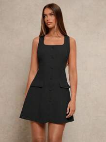 Glamine Early Spring New Square Neck Sleeveless Slimming Fake Pocket Commuter Versatile Elegant Open Front Short Dress For Women Black Dress - Black - View 4