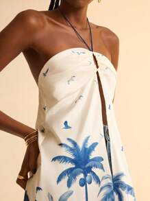 CAJUNI Top corto estivo casual da spiaggia con stampa floreale, nappine, senza spalline, incrociato, traforato, coulisse