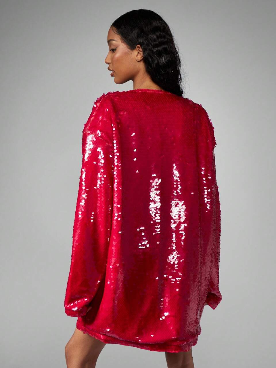 MISSGUIDED Paillettenkleid mit offenem Ausschnitt und langen Ärmeln, Mini-Länge, multifunktional, offener Rückenausschnitt, Weihnachten