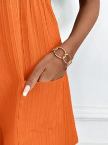 SHEIN Clasi Women's V-Neck Green Wave Print Short Sleeve Romper, Elegant Vacation & Daily Wear Jumpsuit - Orange - View 3