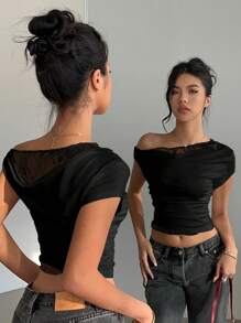Siren Gaze Women's Asymmetrical Shoulder Splice Black Lace Short Sleeve T-Shirt Crew Neck Top, Summer Casual - Black - View 4