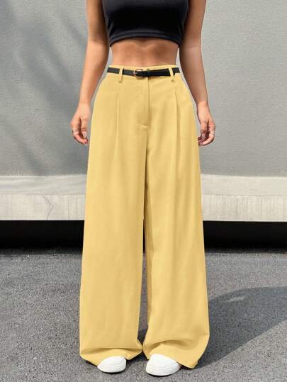 SHEIN EZwear Pantalones de pierna ancha amarillos con cinturón, minimalistas y de moda, apropiados para el verano