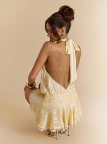 SHEIN BAE 女士黄色露背吊带迷你裙，度假/节日连衣裙 - 黃色 - 查看 7
