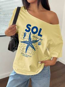 Flirla Oversized Y2K Sea Creature Print Asymmetric Neck Loose T-Shirt, Plus Size Summer Short Sleeve Yellow Tee