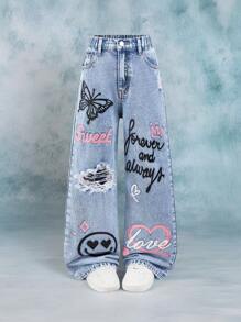 Tween Girls Medium Wash Denim Jeans With Butterfly And Slogan Graphic Print And Ripped Detail - Medium Wash - View 1