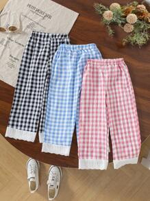 3 pièces/Set Pantalons Pour Jeunes Filles - Coordonnés Couleur Dopamine, Pantalons Droits à Imprimé à Carreaux Floraux Volantés Décontractés Et Fins Pour Filles, Pour Un Porter Quotidien - Multicolore - Voir 2