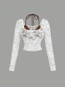 SHEIN MOD Sheer Lace 2 In 1 Women Top, Summer Wear,Graduation,Hawaii,Rave - White - View 1