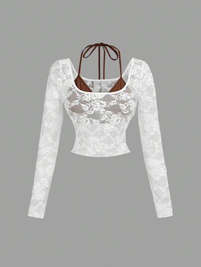 SHEIN MOD Sheer Lace 2 In 1 Women Top, Summer Wear,Graduation,Hawaii,Rave