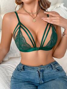 Women's Front Closure Lace Trim Triangle Cup Lingerie Bra - Mint Green - View 1