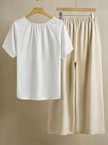 SHEIN LUNE Plus Size Round Drawstring Short Sleeve Top And Pants Set - Multicolor - View 2