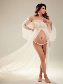 SHEIN Maternity Photoshoot Tulle Maxi Dress With Off Shoulder Design, Maternity Photo Shoot - Apricot - View 3