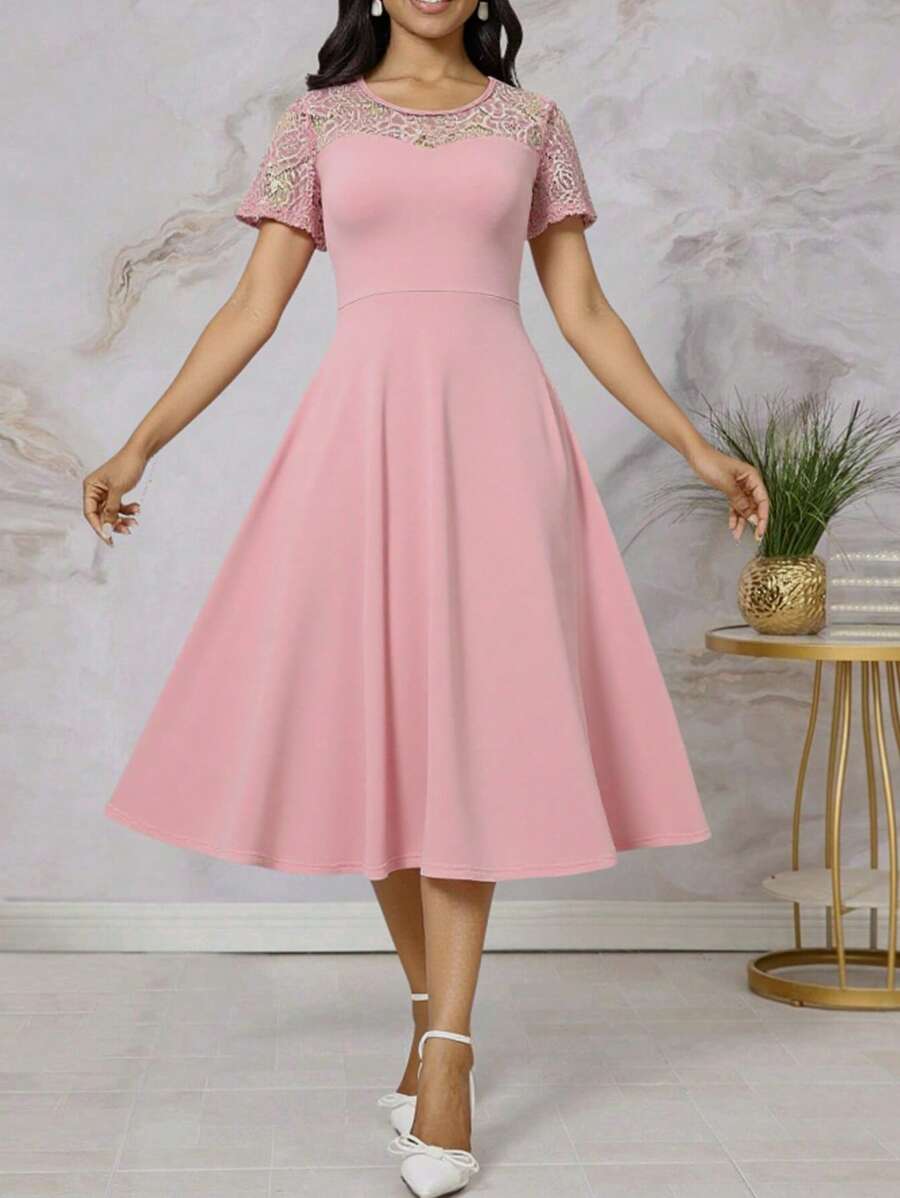 Women Lace Patchwork Round Neck Short Sleeve Dress - Pink - View 1