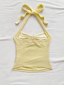 Soleia 度假挂脖系带花卉金属扣黄色针织纹理修身女式背心，适合度假、音乐节、波西米亚风、节日约会、下午茶、夏季女装