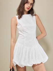 女士夏季镂空刺绣无袖迷你碎花蕾丝连衣裙，优雅淑女度假连衣裙，毕业礼服 - 白色 - 查看 3