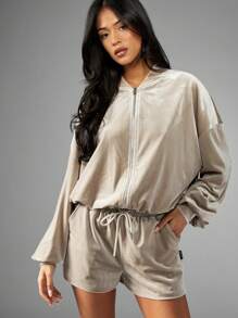 Missguided x Playboy Velour Tracksuit Bomber Style Half Zip Jacket With Rhinestone Embellishment Athletic Loungewear Cozy Casual Fall Winter Sports Wear - Light Grey - View 1