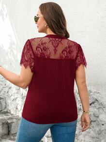 SHEIN Clasi Plus Size Women Lace Patchwork Short Sleeve Top - Burgundy - View 2