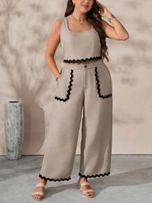 SHEIN Tall 2 Pieces Set For Plus Size Women: Contrast Color Ruffled Square Neck Sleeveless Crop Top And Wide Leg Pants - Apricot - View 3