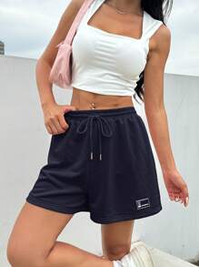 SHEIN EZwear EZwear Summer Loose Casual Drawstring Waist Patch Detail Sports Shorts - Navy Blue - View 4