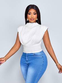 SOLERSUN 大码女式时尚优雅白色纯色立领褶皱背心外出上衣夏季 - 白色 - 查看 4