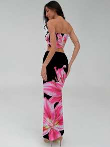 Aloruh 春季优雅性感修身粉色百合印花Y2K露脐上衣和半裙两件套，适合春假、海滩度假、情人节、优雅约会、时尚外出、音乐节等场合。 - 黑色 - 查看 2