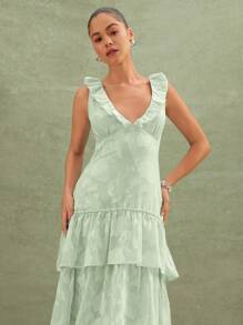 L'Amorae 花卉纹理层叠荷叶边长裙 - 薄荷綠 - 查看 4