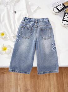 SHEIN Pantaloni larghi in denim blu stile retrò con motivo floreale e frange per bambine