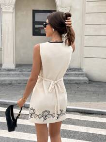 Serisse Váy ngắn thêu hoa cài nút phía trước cho nữ, mùa hè - Màu be - Xem 2