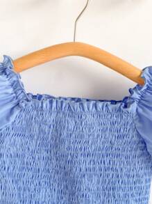 Loomiva 少女春夏法式优雅蓝色刺绣梭织荷叶袖短款上衣和裤子套装 - 藍色 - 查看 4