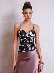 Lavishia Black Background Pink Floral Print Crisscross Waist Ruched Fitted Women Tank Top Summer Outfits For Women Spring Outfits For Women Country Outfits Women Summer Clothes Women Flower Top