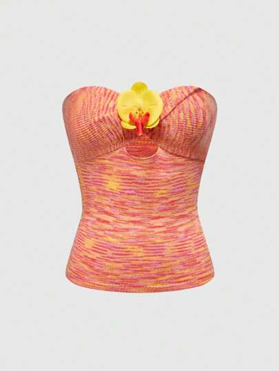 J-Fashion Top corto con escote estilo bustier con flores 3D, de tejido ceñido, estilo vacacional, para el verano