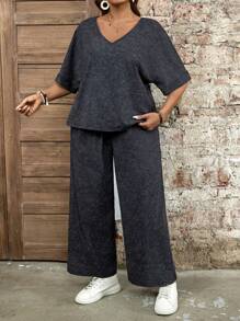 SHEIN LUNE Plus Size Women V-Neck Short Sleeve T-Shirt And Pants 2 Pieces Casual Loose Suit Summer Outfits For Women Two Pieces Set Women Summer New Design Summer Outfits For Women - Dark Grey - View 6