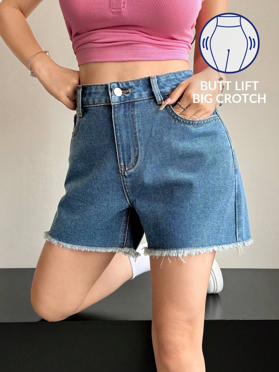 SHEIN EZwear Women's Casual Medium Wash Denim Shorts With Frayed Hem And Lifting Design - Medium Wash - View 1